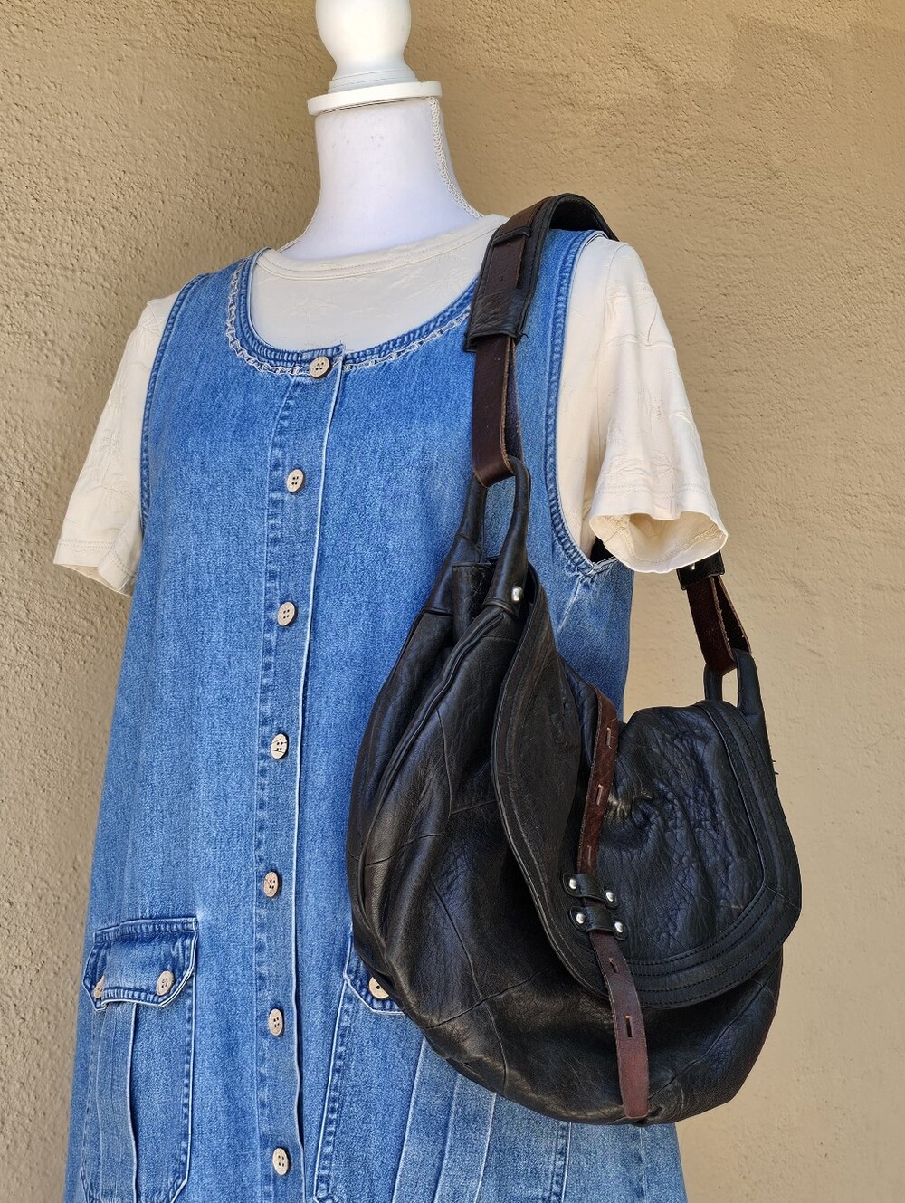 Two Tone Leather Hobo Slouchy Shoulder Bag One Size